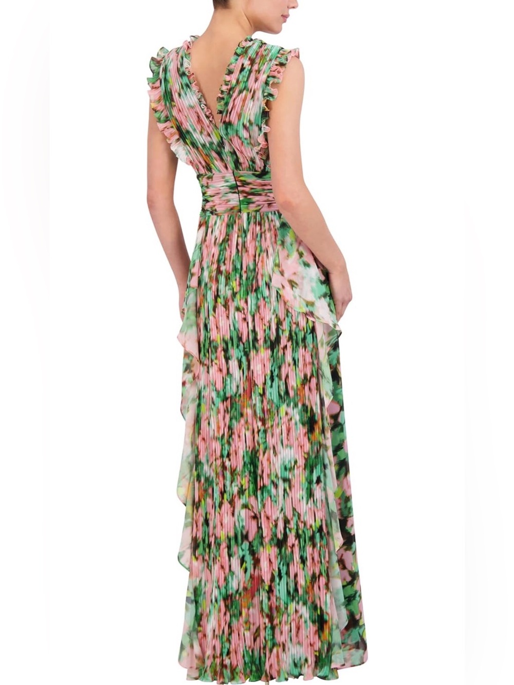 NWT BCBGMaxAzria Pink and Green Floral Ruffle V-Neck Maxi Dress size 8 - Picture 6 of 7